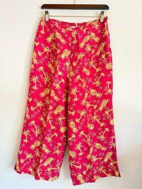 Field Manor 100%Silk Vintage pineaple print cropped Pants, wide leg, sz 8 (Small